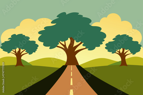 Road leading to trees under a cloudy sky landscape