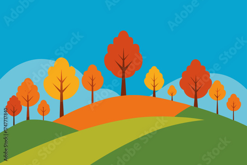 Illustration of autumn trees on rolling hills scene