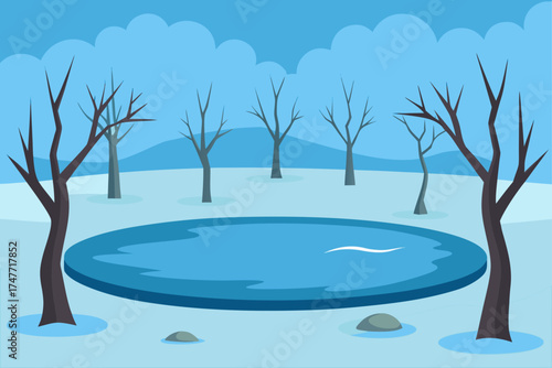 Winter landscape with frozen pond and bare trees