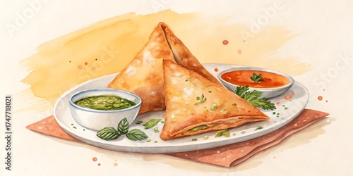 Two golden brown samosas served on a white plate with dipping sauces and fresh mint leaves, watercolor illustration