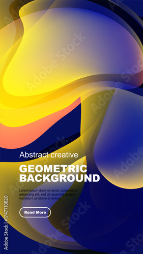 Abstract geometric background features vibrant color gradients. Fluid shapes overlap creating dynamic visual effect. Text present below design.
