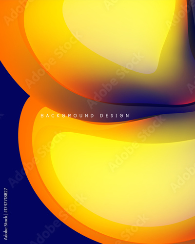 Abstract fluid shapes, vibrant yellow, orange hues. Dark blue background creates contrast, modern design element.