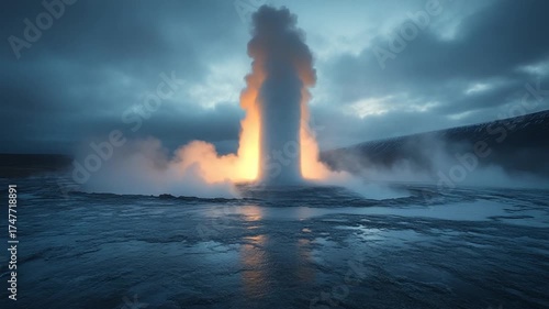 Powerful Geyser Erupting Steam and Water in Dramatic Twilight Sky.