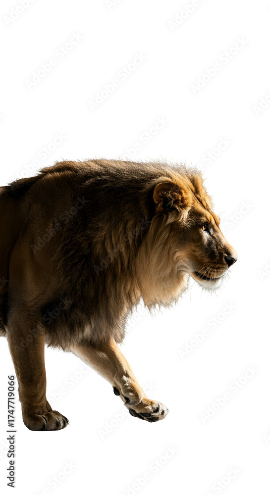 Fototapeta premium Isolated Photo Majestic Lion Walking Winter Snow Fur