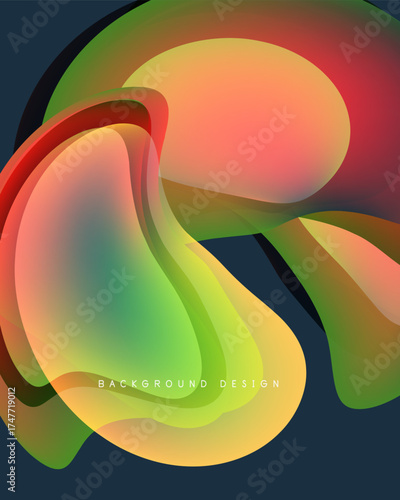 Abstract fluid shapes blend, creating vibrant color gradients. Smooth curves overlap, forming dynamic composition. Modern design element.