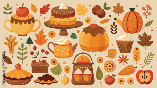 A display of autumn items, showcasing a teapot, pumpkin, and additional seasonal decor on a rustic background..eps