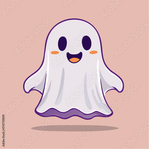 A cute and friendly cartoon ghost character smiling and floating happily on a pink background.