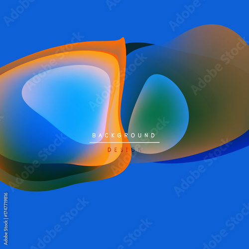 Abstract vibrant shapes overlap. Blue background contrasts orange, green hues. Modern design element, smooth gradients present.