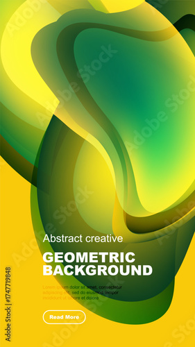 Dynamic yellow, green shapes overlap. Modern design features fluid forms, gradients. Black background emphasizes vibrant colors, text elements.