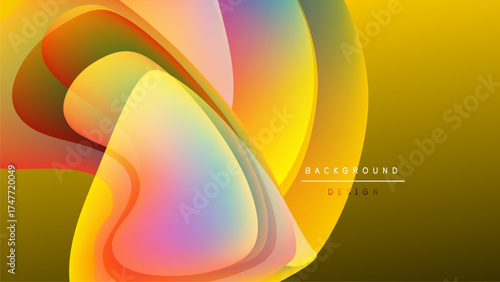 Abstract flowing shapes, vibrant colors blend. Yellow, orange, pink gradients create dynamic visual impact against black backdrop. Modern design element.
