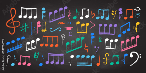 Crayon pastel or chalk music note signs doodle hand drawn symbol shapes set. Chalkboard textured musical symbols treble, bass clefs, pauses doodle collection.