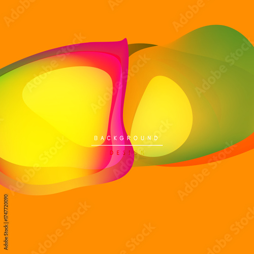 Vibrant abstract shapes overlap, creating colorful gradients. Orange background complements yellow, green, pink hues. Modern design element.