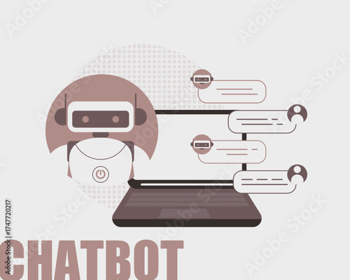 Modern chatbot illustration with laptop and dialogue.