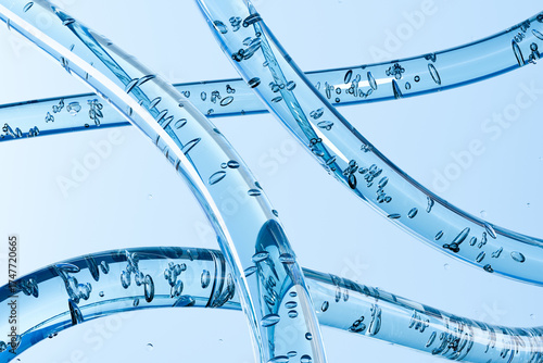 Abstract 3d blue liquid tubes with air bubbles, close-up on light blue  background. Futuristic fluid design symbolizing purity, freshness, science, and innovation.