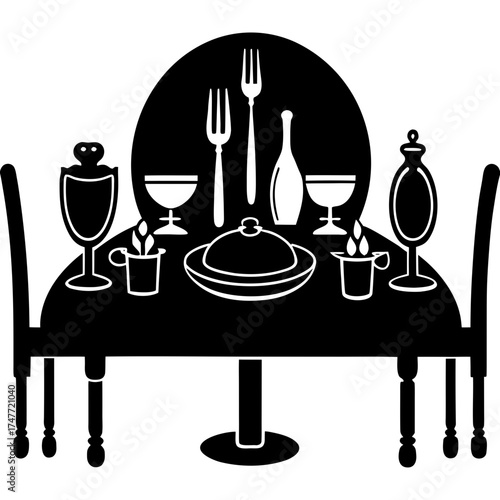 Illustration of a round table with a pedestal base and two chairs with dotted seats in black and white
