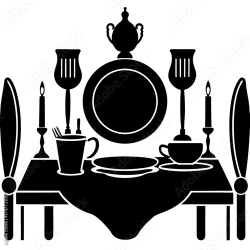 Illustration of a round table with a pedestal base and two chairs with dotted seats in black and white