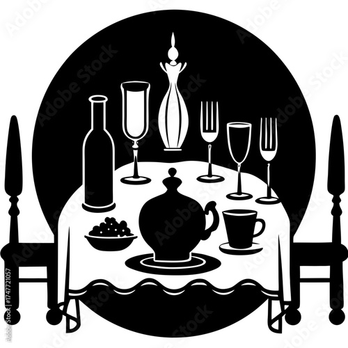 Illustration of a round table with a pedestal base and two chairs with dotted seats in black and white