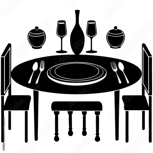 Illustration of a round table with a pedestal base and two chairs with dotted seats in black and white