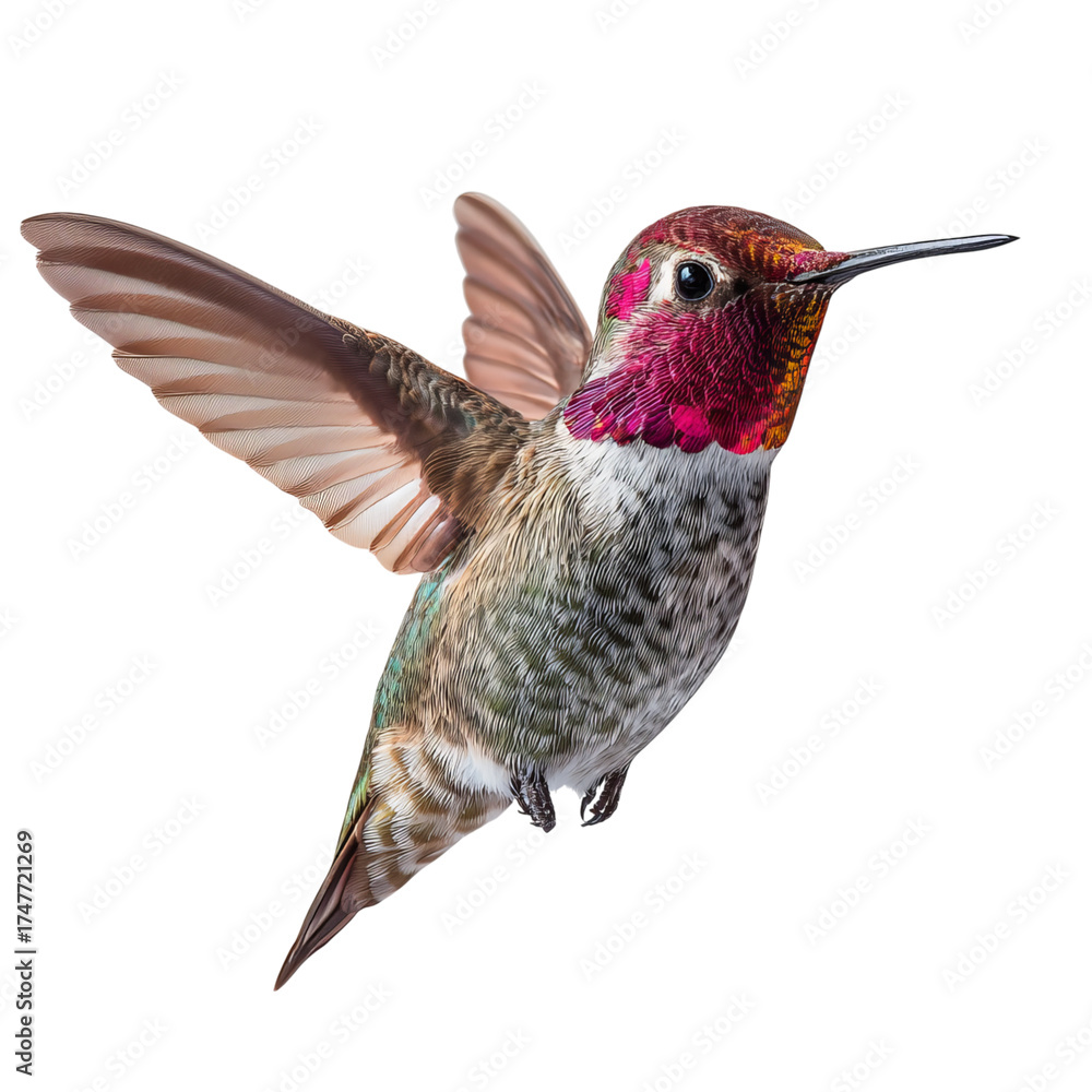 Fototapeta premium Png of closeup of a male annas hummingbird in flight isolated on transparent background, showcasing its vibrant colors and intricate details