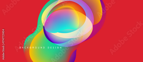 Abstract fluid shapes, vibrant colors blend. Red background emphasizes dynamic composition, modern design element.