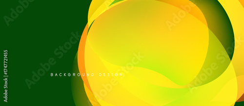 Abstract fluid shapes blend, creating vibrant yellow, orange, green gradients. Modern design evokes energy, movement, depth. Background suggests innovation.