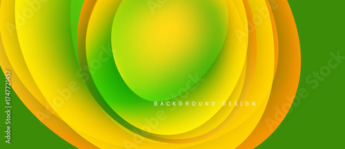 Abstract vibrant layers create dynamic flowing shapes. Yellows, greens blend seamlessly, forming modern background design.