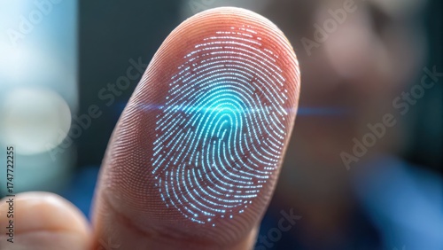 Glowing fingerprint on fingertip symbolizes AI role in risk management and governance