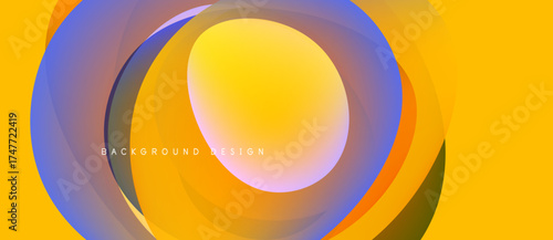 Abstract vibrant layers create dynamic circular design. Yellow, orange, purple hues blend smoothly. Modern background element.