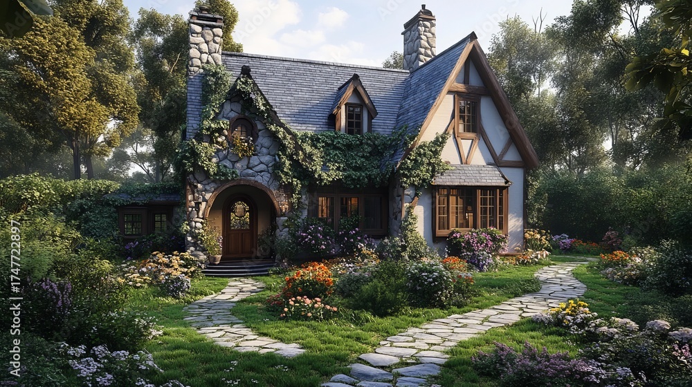 Fototapeta premium Enchanting storybook cottage nestled amongst lush greenery and vibrant blooming flowers, inviting a sense of whimsical escape and serene living.