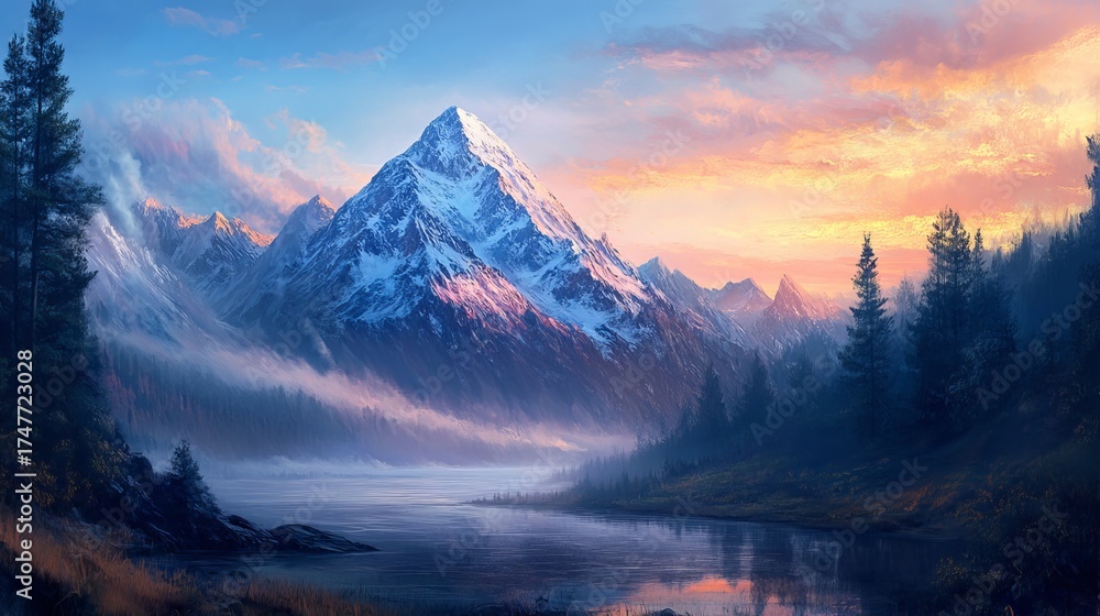 Obraz premium Majestic snow-capped mountain peak bathed in warm golden hour light reflects on serene lake, surrounded by misty forests and vibrant sky