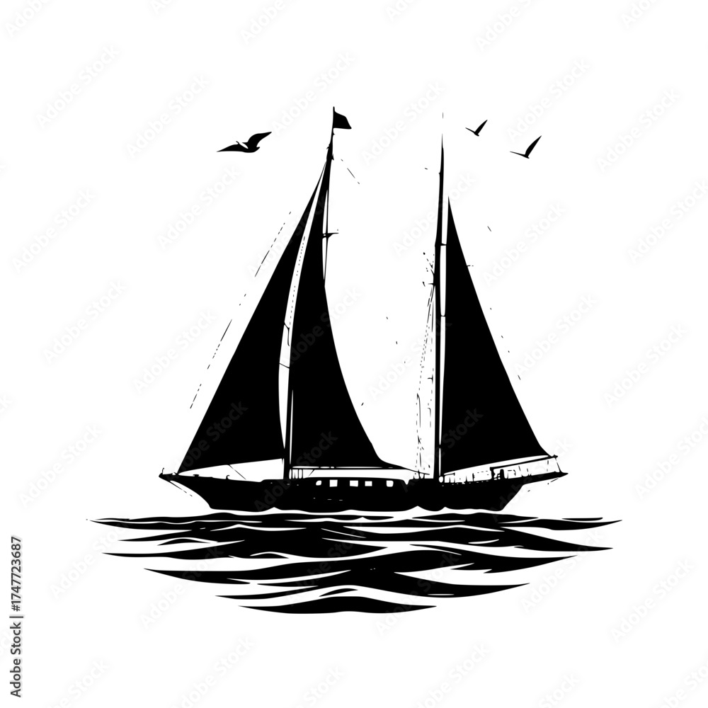 Fototapeta premium Silhouette sailboat sailing on ocean with birds black and white vector art