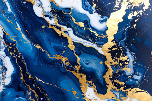 A stunning, luxurious abstract fluid art image with deep swirling navy, sapphire, and white colors, lavishly accented by cracked metallic gold.