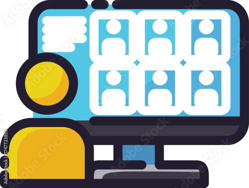 Person actively participating in a lively online meeting with six participants. Suitable for promoting virtual collaboration, web conferencing, teamwork.