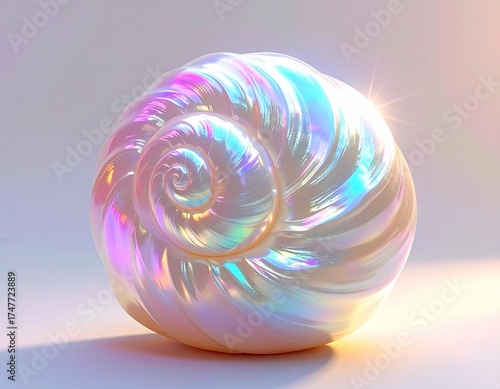 Celestial Shell: A radiant, iridescent shell shimmers with a captivating glow, its spiral form reflecting a spectrum of colors and capturing the beauty of the ocean's depths. Ai generated image.