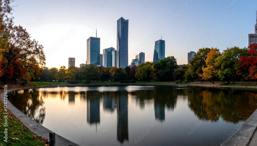 Fototapeta premium Autumn park reflecting city skyline