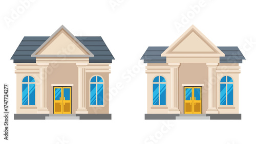 Two vector bank buildings architectural design with columns and pediments isolated on white background