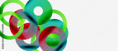 Abstract colorful rings overlap, creating dynamic visual composition. Bright hues blend, forming modern design element.