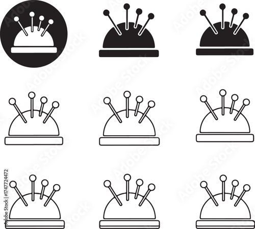 Collection of pin cushions in varying styles useful for designers on transparent background silhouette