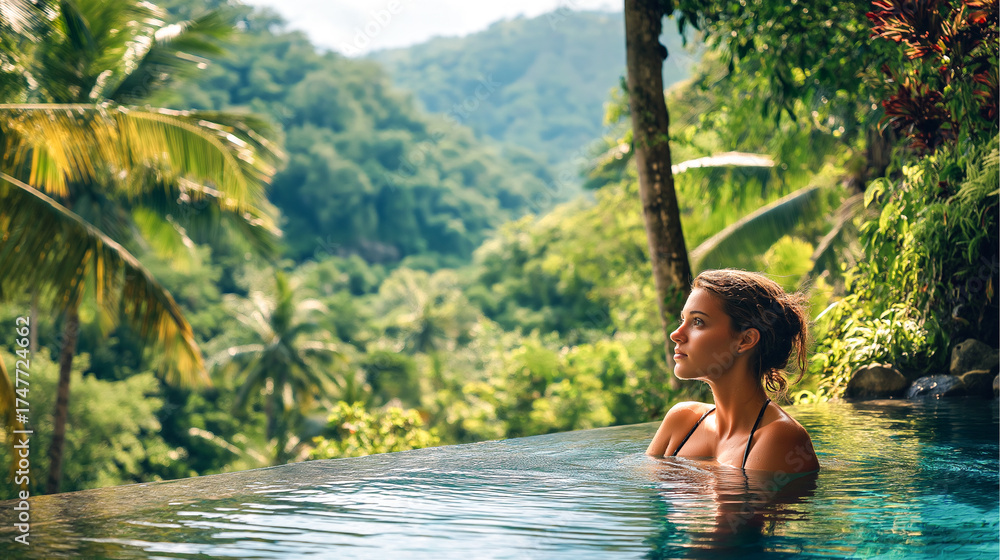Fototapeta premium young woman relaxing in a tropical resort young woman relaxing in a tropical forest woman swimming in infinity pool