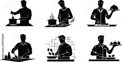 Chef silhouette cooking food, man preparing meal, restaurant kitchen work, professional cook, culinary art, serving dish, food preparation concept