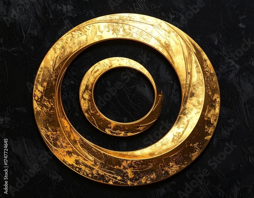 Golden Abstract Symbol: A captivating and intricate golden symbol, showcasing an elegant swirl pattern and textured surfaces, stands out against a contrasting background. Ai generated image.