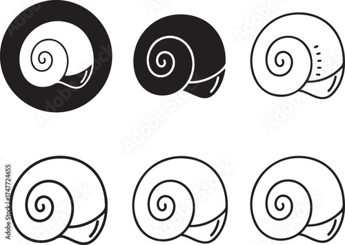 Collection of spiral shells in varied styles on transparent background silhouette