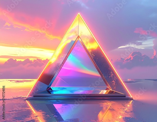 Illuminated Prism: A modern geometric structure, a prism, stands poised against a dramatic sunset sky, casting vibrant hues across the serene water. Ai generated image.