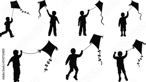 Children silhouette flying kites, outdoor activity, happy kids playing in the wind, childhood fun, freedom, summer recreation, joyful motion concept