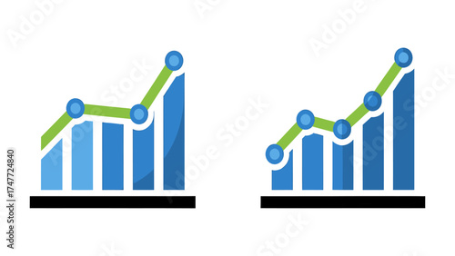 Set of blue graph icons showing upward trends flat vector design elements for business presentations and financial reports