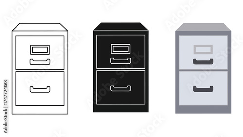 Set of file cabinet illustrations office furniture in line solid and grayscale styles vector design element isolated on white background