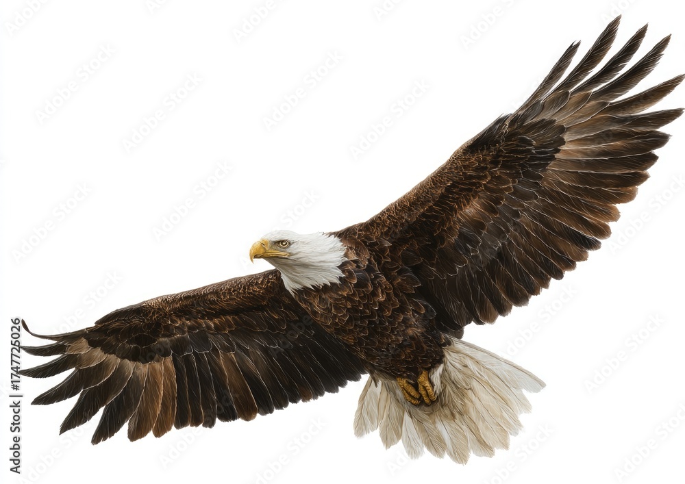 Fototapeta premium Bald eagle in flight against white. Powerful bird of prey with outstretched wings. Sharp focus on detailed plumage
