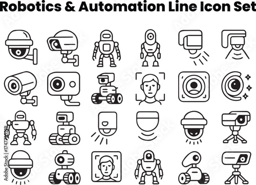Editable black and white line vector icons showing security bots, cameras, drones, and automated surveillance systems