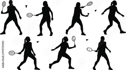 Silhouette of female badminton player hitting shuttlecock, woman playing badminton in different poses, sports activity and fitness vector illustration design
