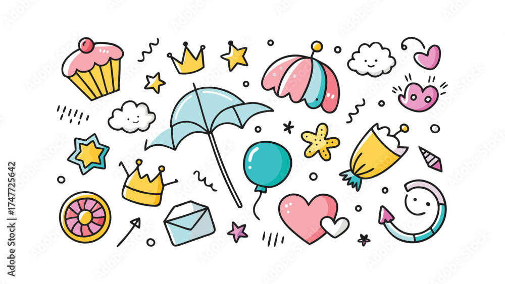 Fototapeta premium Cute Kawaii Doodle Elements with Cupcake, Umbrella, Balloon, and Hearts on White Background